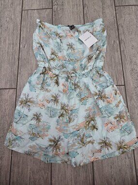Forever 21 Women's Palm Tree Print Paperbag Romper Jumpsuit Blue Size NWT